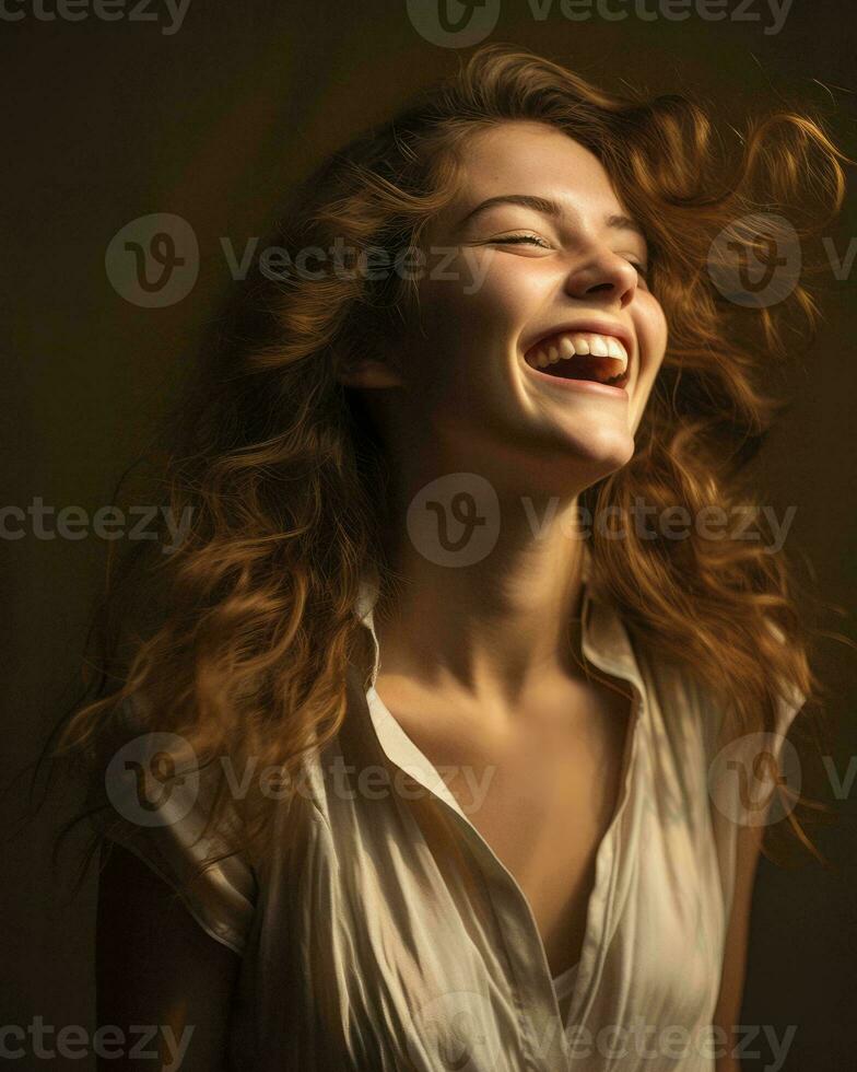 a woman laughing with her hair blowing in the wind generative ai photo