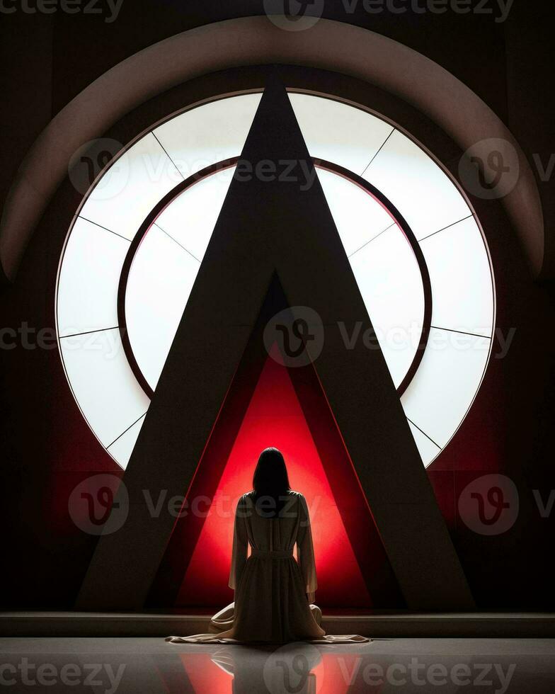 a woman sitting in front of a large circular window generative ai photo