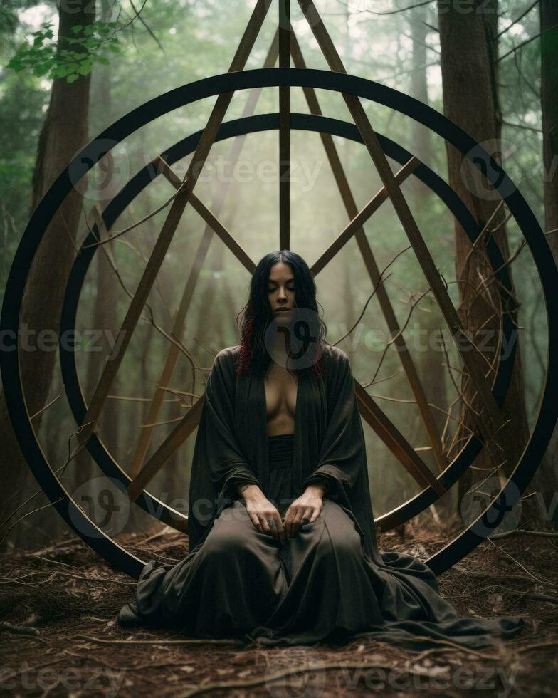 a woman sitting in front of a pentagram in the woods generative ai photo