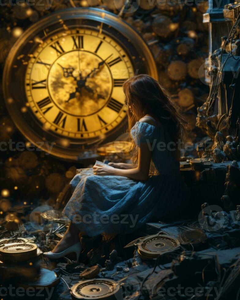 a woman sitting in front of an old clock generative ai photo