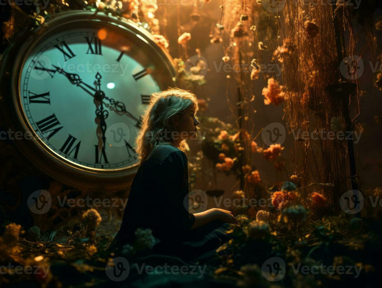 un mujer sentado en frente de un grande reloj generativo ai foto