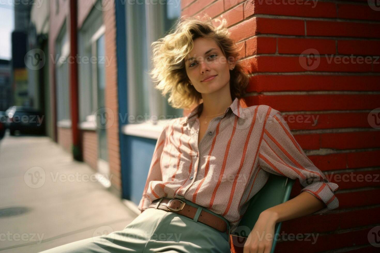 a woman sitting on a bench in front of a red building generative ai photo
