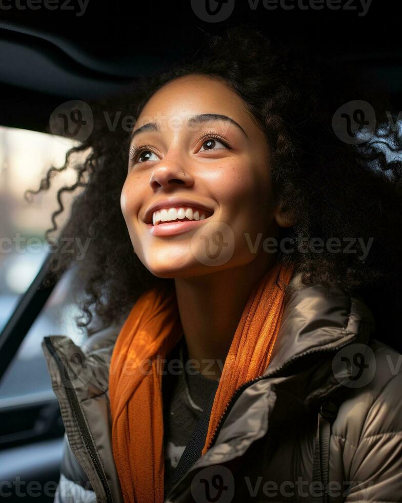 a woman smiling in a car generative ai photo