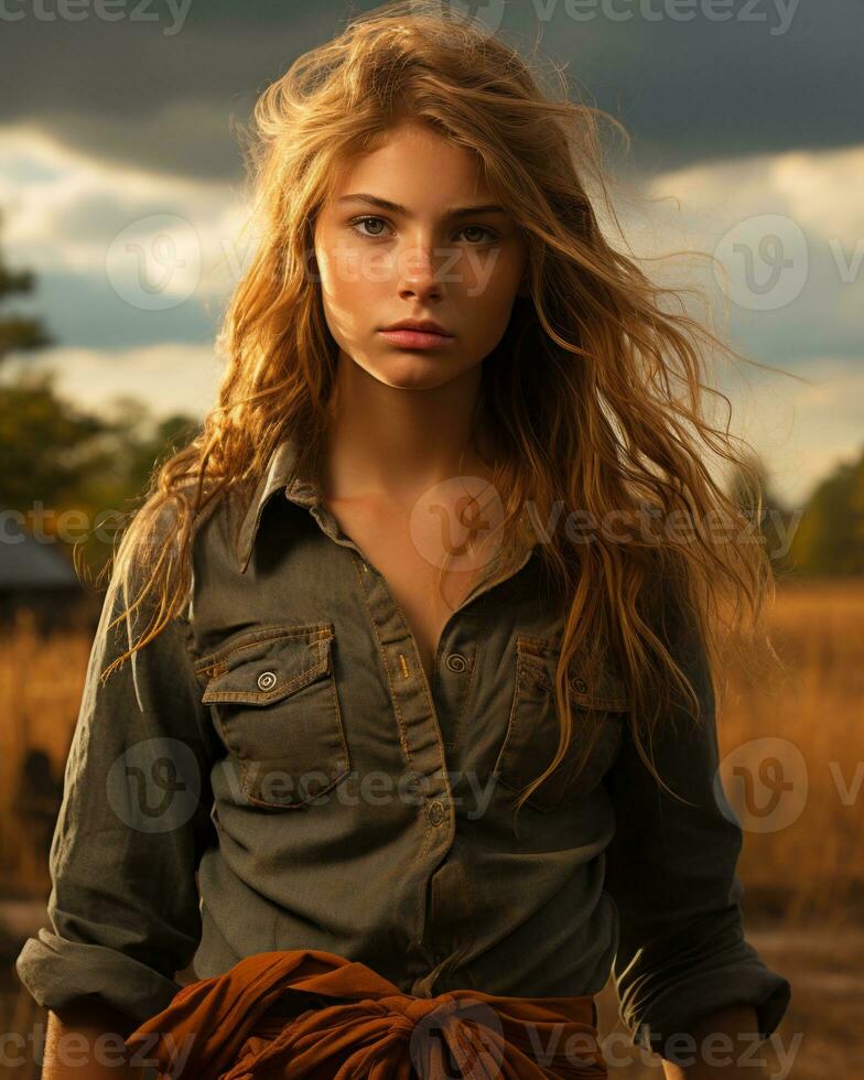 a woman standing in a field generative ai photo