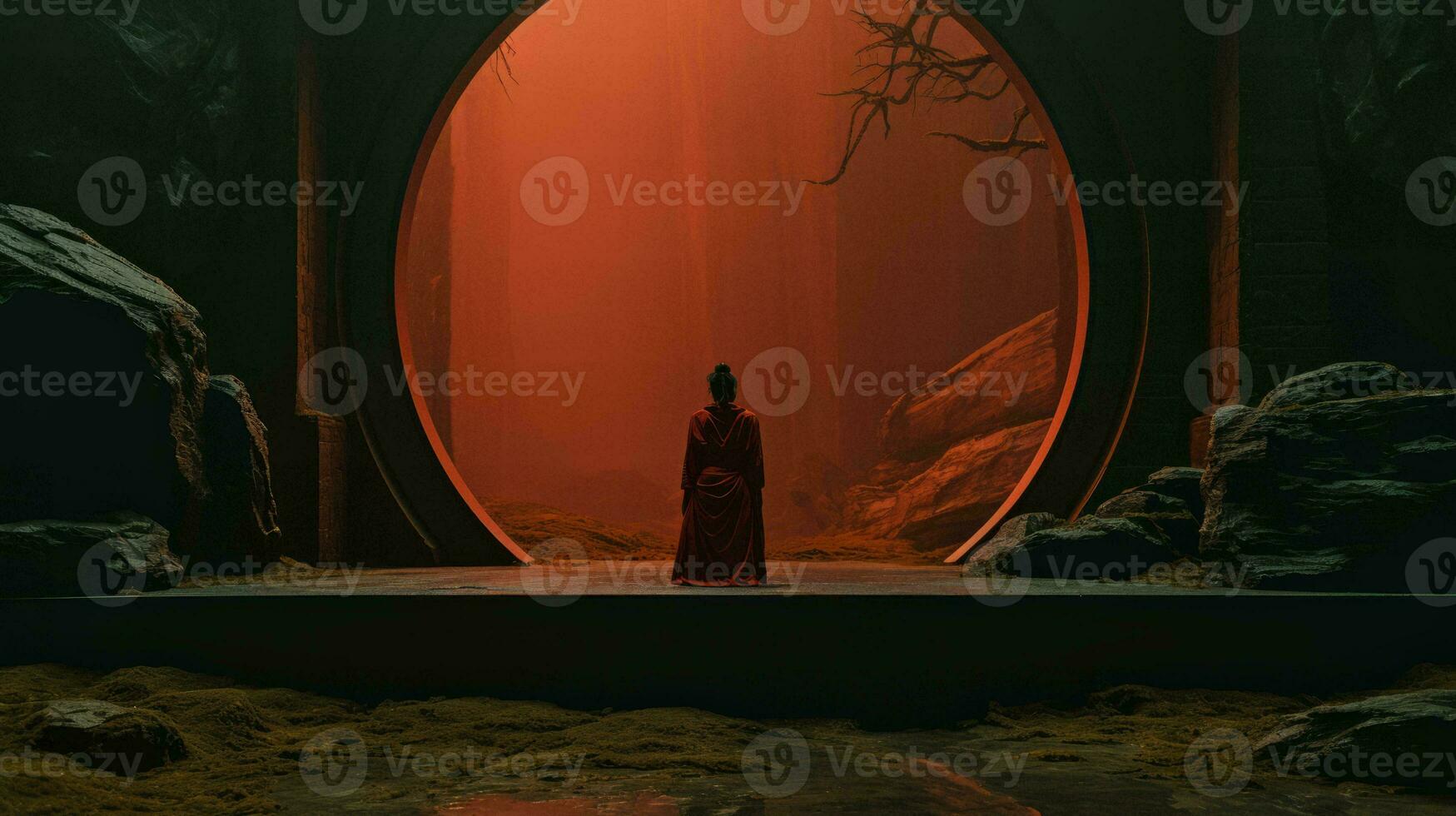 a woman standing in front of a red door generative ai photo