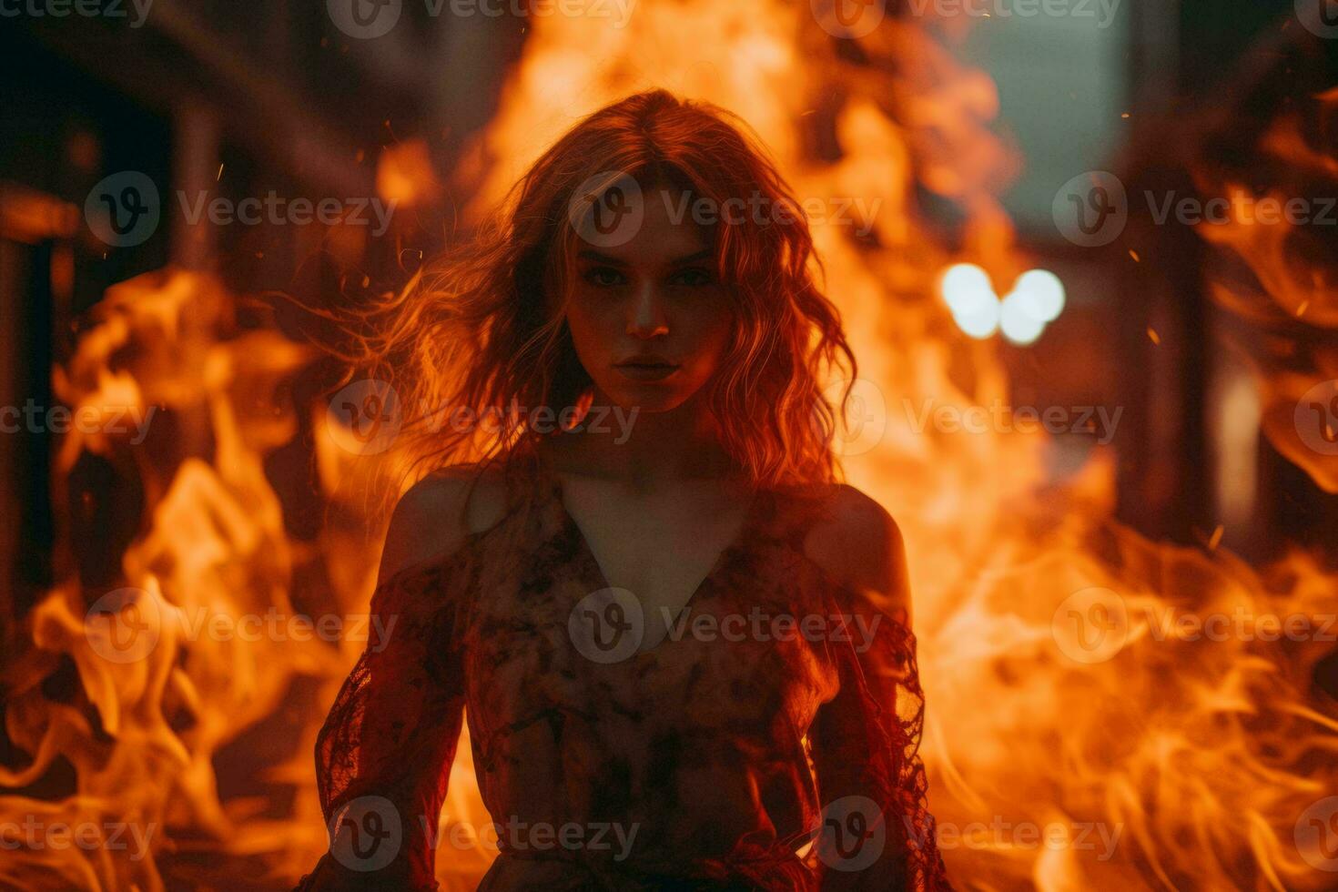 a woman standing in front of a fire generative ai photo