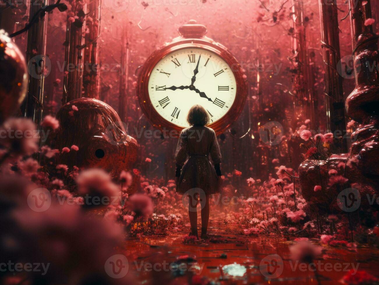 a woman standing in front of a large clock in a field of flowers generative ai photo