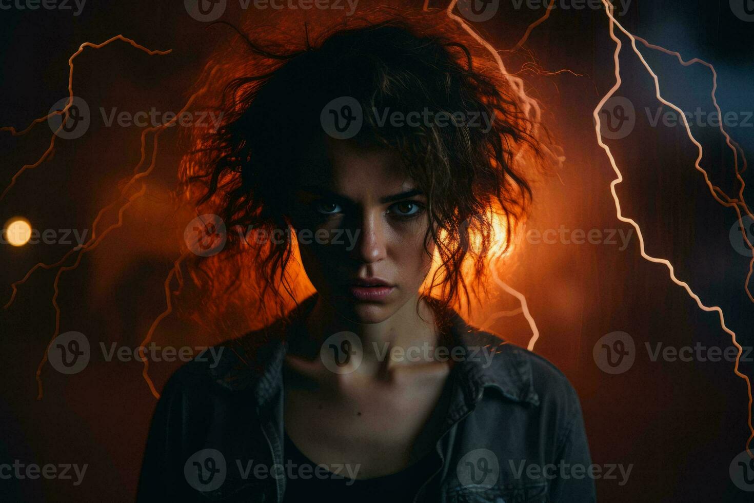a woman standing in front of lightning generative ai photo