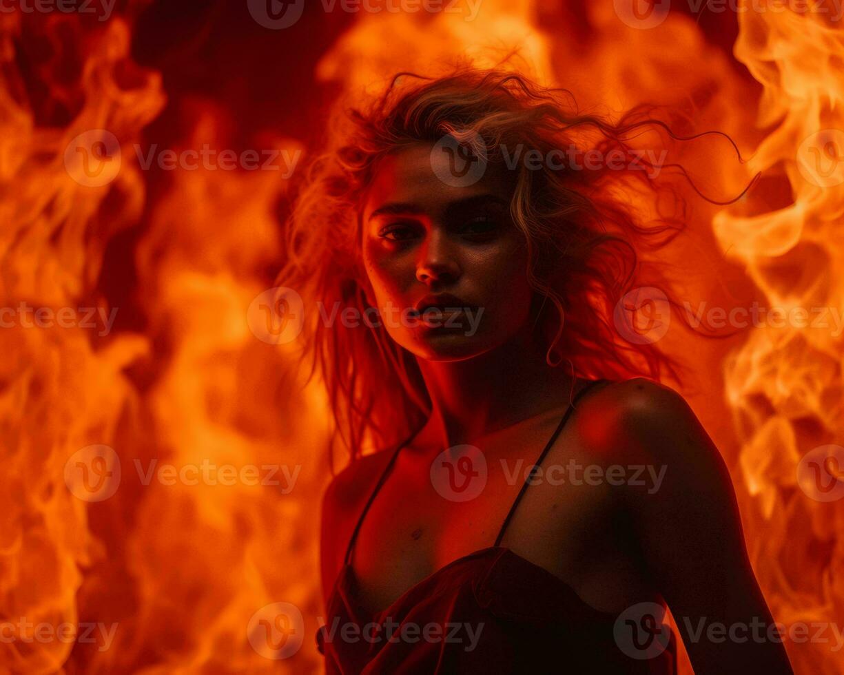 a woman standing in front of flames generative ai photo