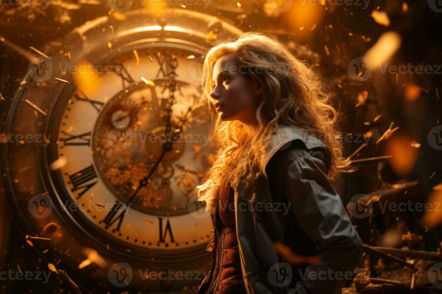 a woman standing in front of an old clock generative ai photo