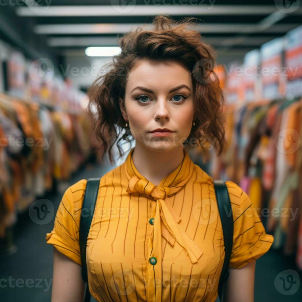 a woman standing in front of racks of clothes generative ai photo