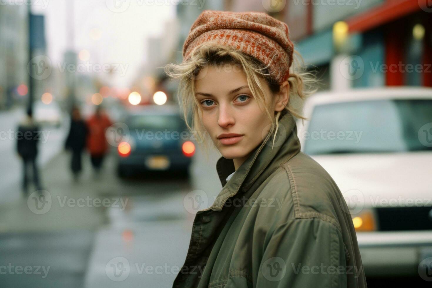 a woman wearing a beanie and jacket standing on a city street generative ai photo