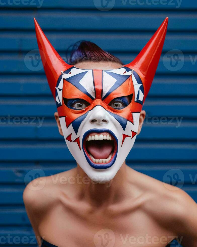 a woman wearing a devil mask with her mouth open generative ai photo
