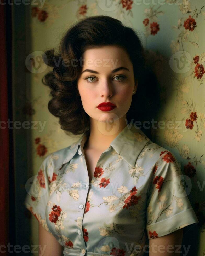 a woman wearing a floral dress and red lipstick generative ai photo