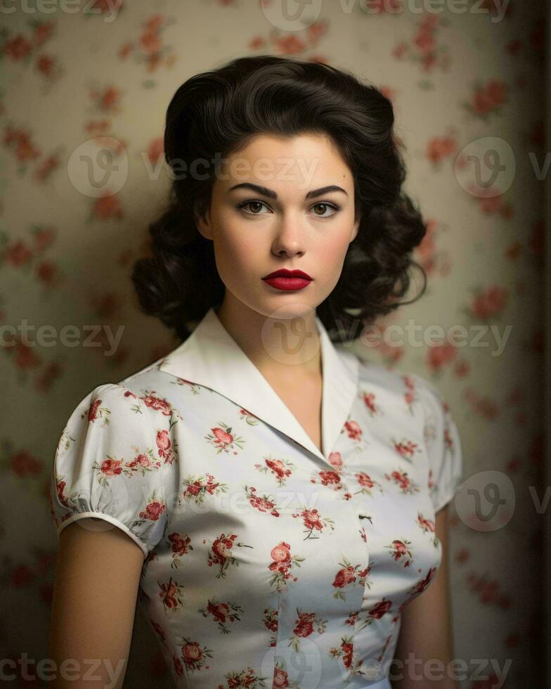 a woman wearing a floral dress and red lipstick generative ai photo