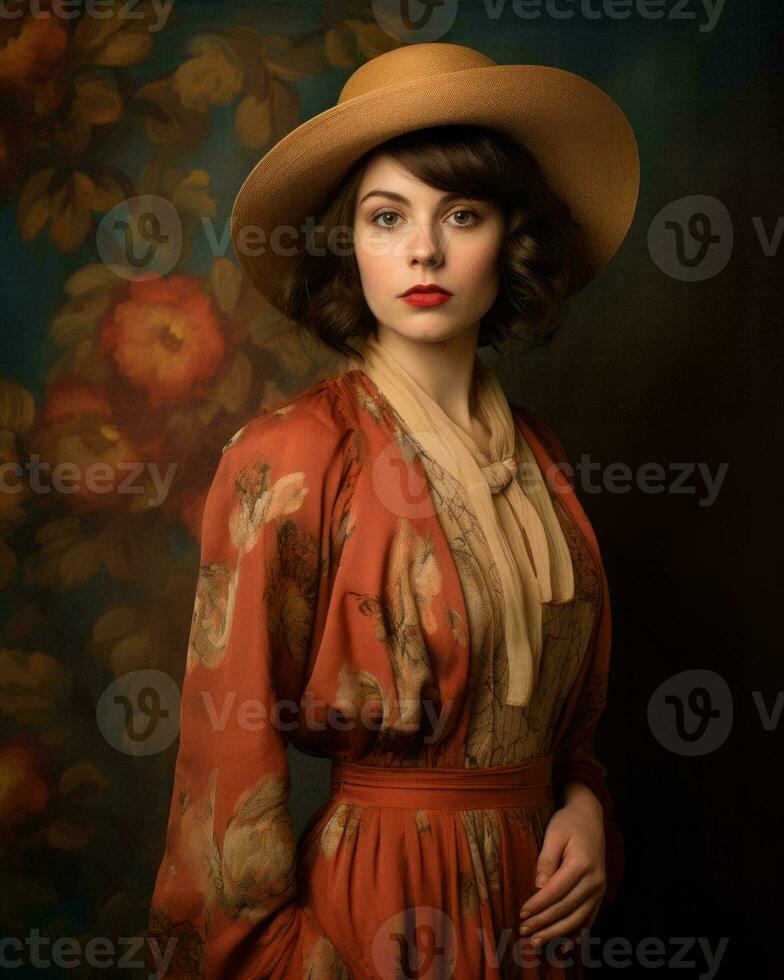 a woman wearing a hat and dress posing in front of a floral painting generative ai photo