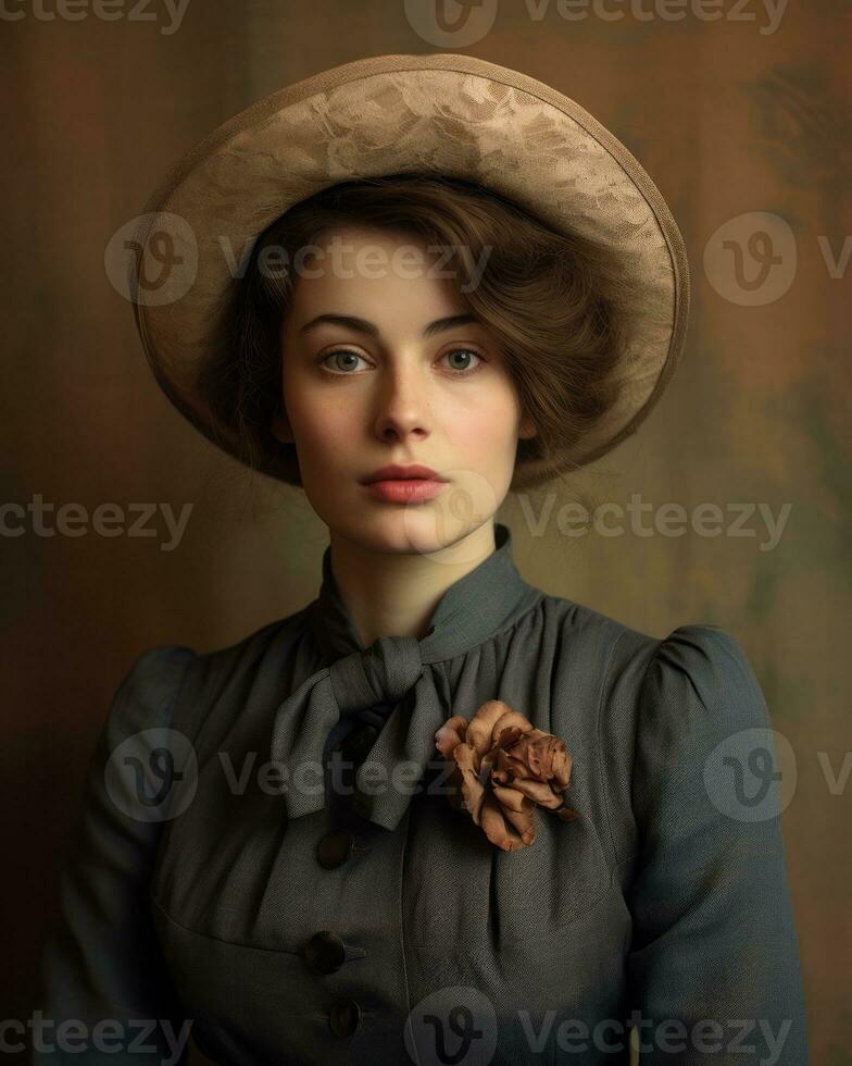 a woman wearing a hat and dress posing for a portrait generative ai photo