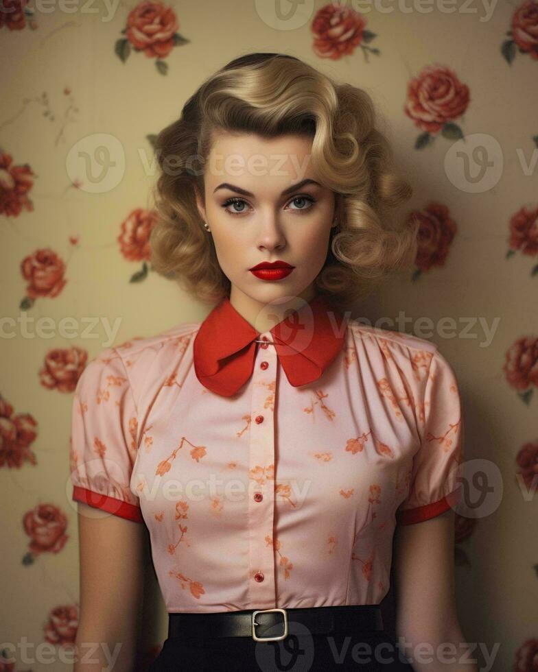 a woman wearing a pink shirt and red lipstick generative ai photo