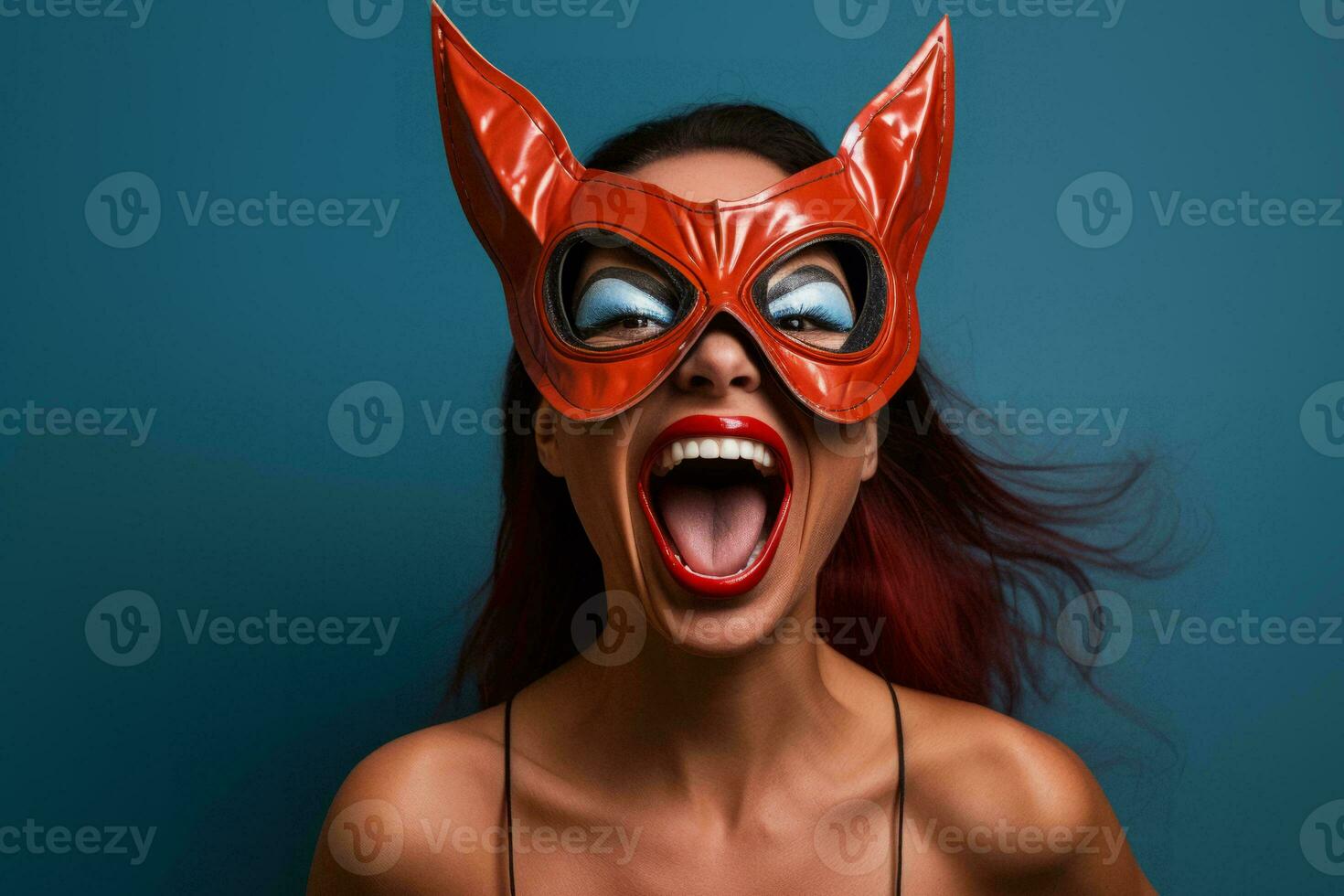 a woman wearing a red cat mask with her mouth open generative ai photo