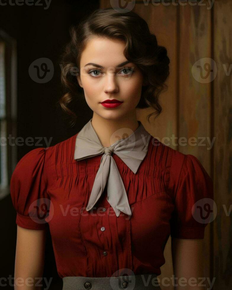 a woman wearing a red shirt and a bow tie generative ai photo