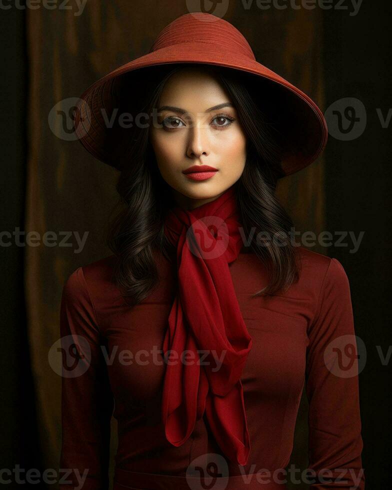 a woman wearing a red hat and a red scarf generative ai photo