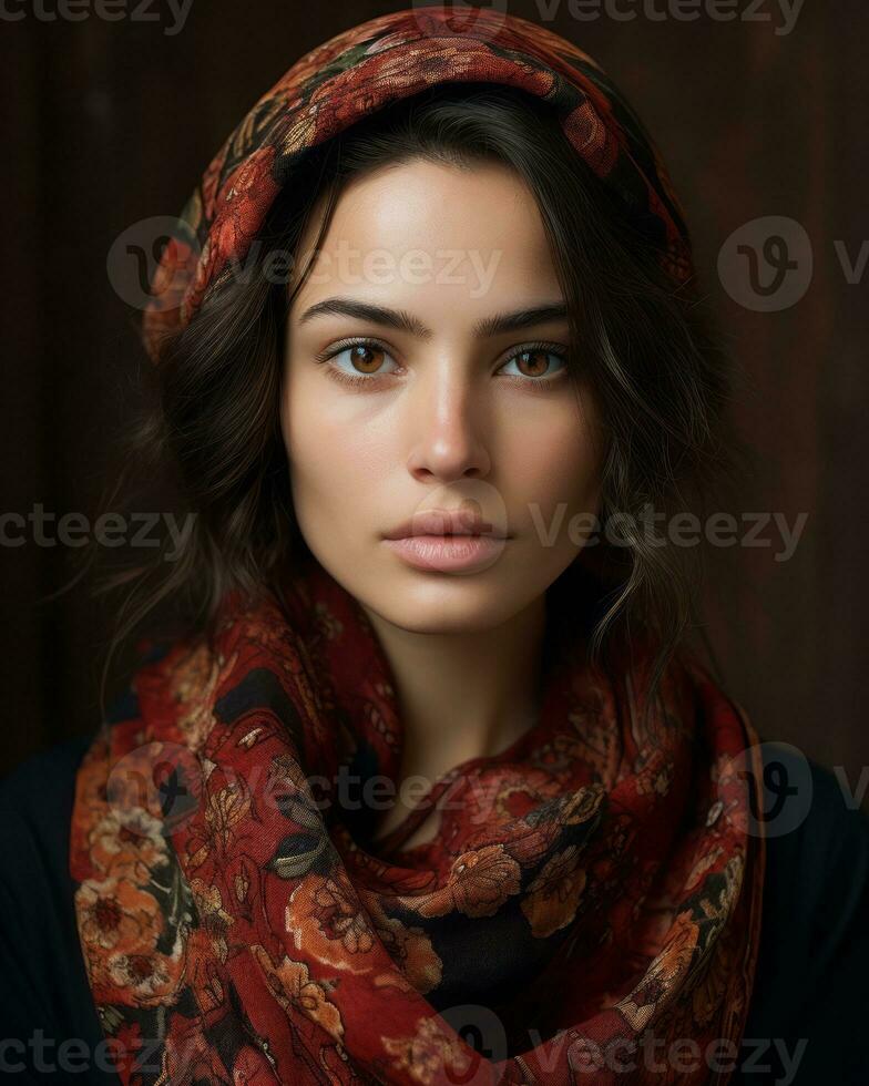 a woman wearing a red scarf and black top generative ai photo