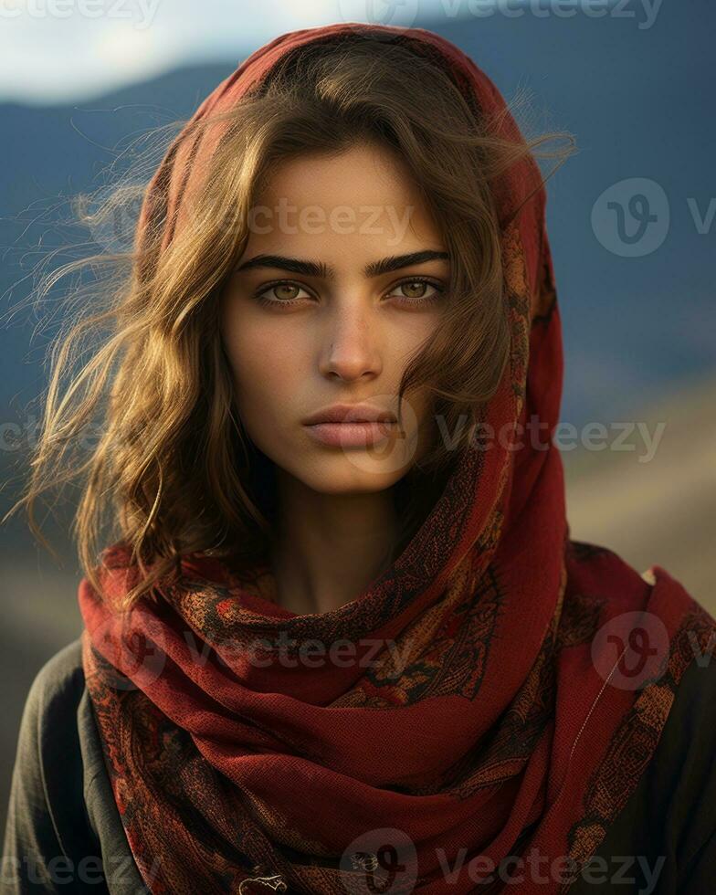 a woman wearing a red scarf in the desert generative ai photo