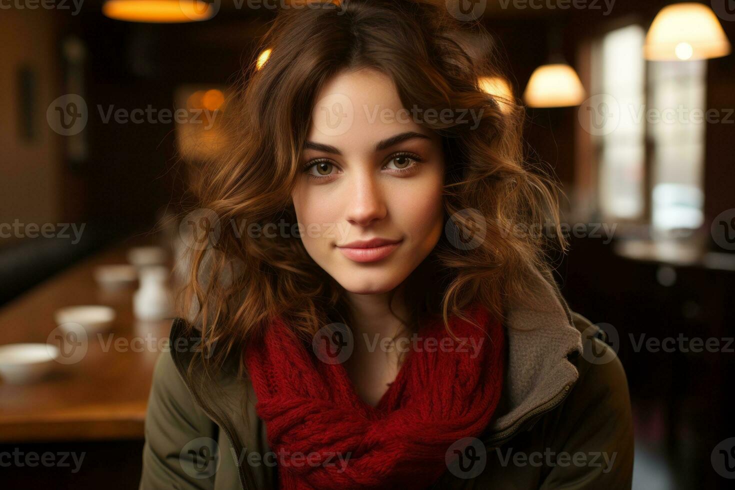a woman wearing a red scarf generative ai photo