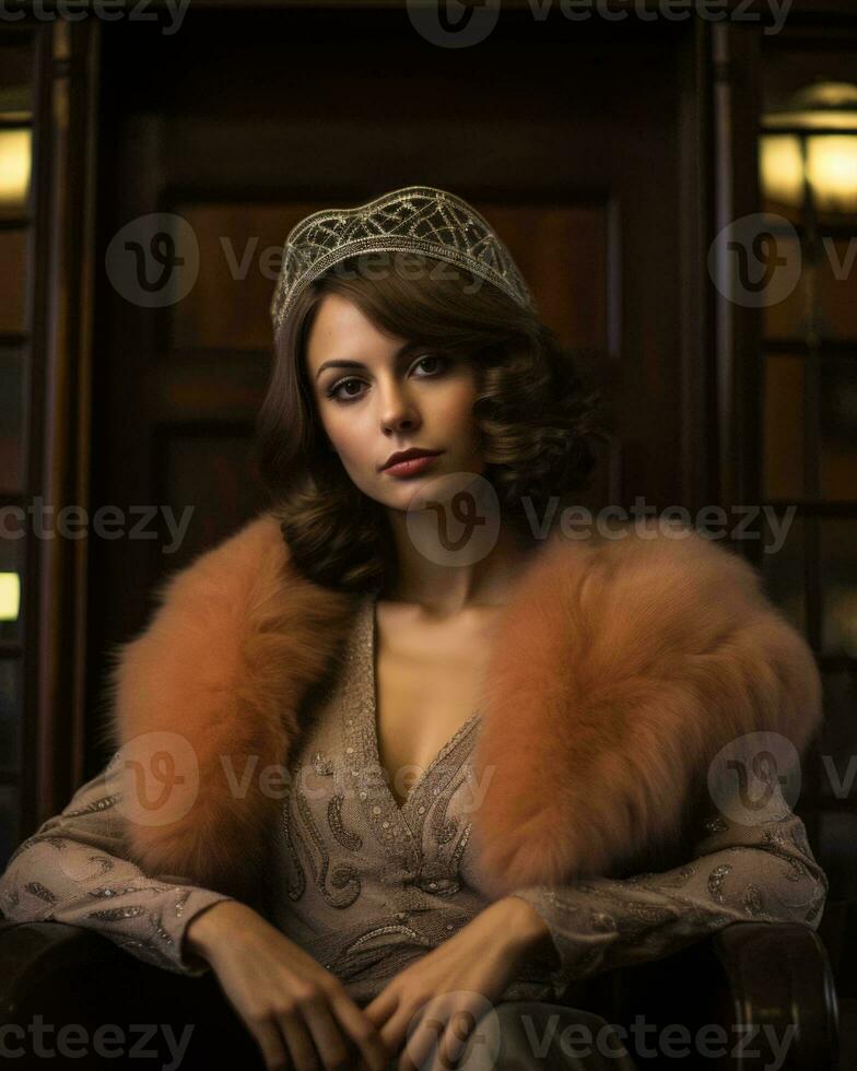 a woman wearing a tiara and fur collar sitting in a chair generative ai photo