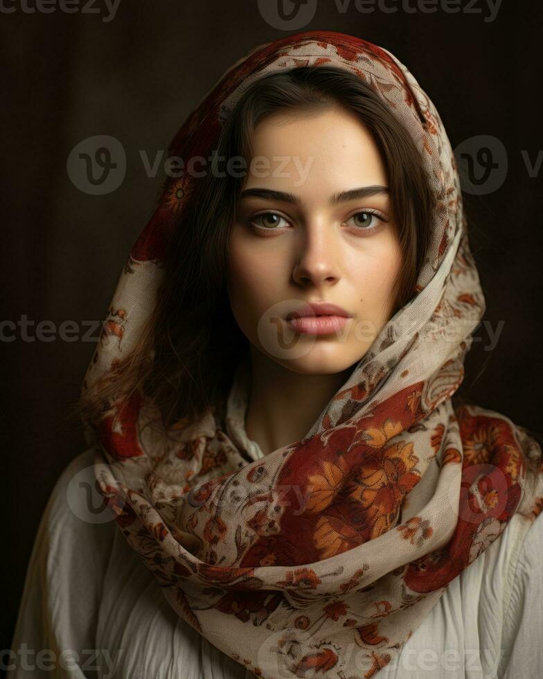 a woman wearing a scarf in front of a dark background generative ai photo