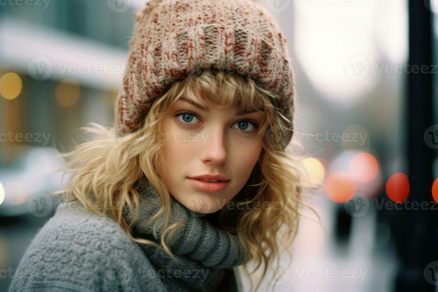 a woman wearing a sweater and a beanie generative ai photo