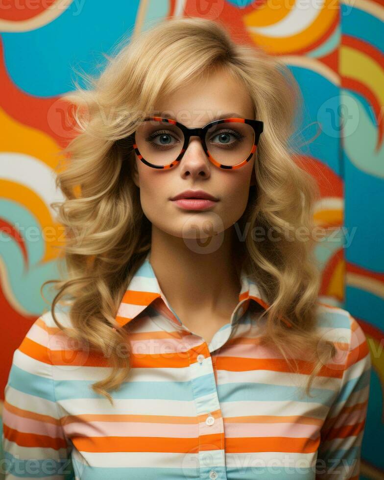 a woman wearing glasses in front of a colorful background generative ai photo