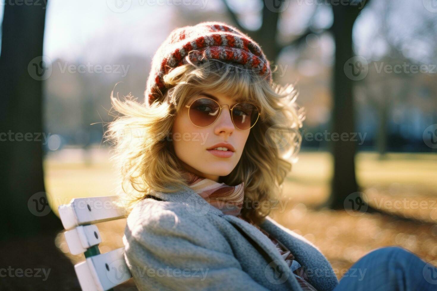 a woman wearing sunglasses and a hat sitting on a park bench generative ai photo