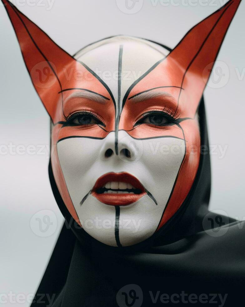 a woman with a red and white mask on her face generative ai photo