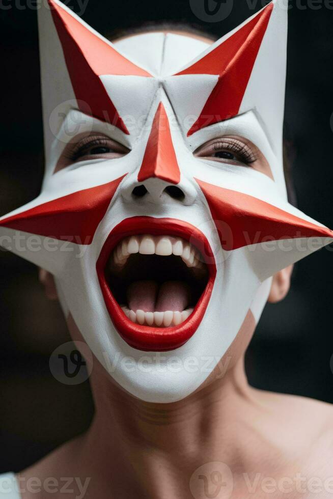 a woman with a red and white paper mask on her face generative ai photo