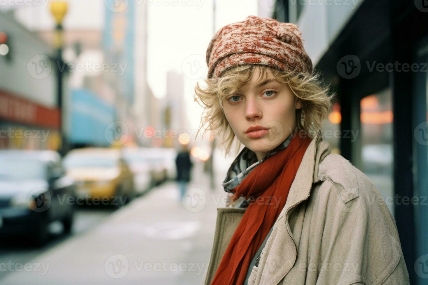 a woman with a hat and scarf standing on a city street generative ai photo