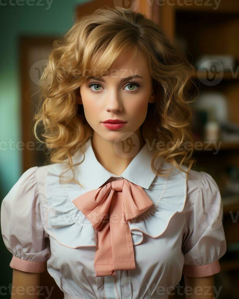 a woman with a pink bow tie and white shirt generative ai photo
