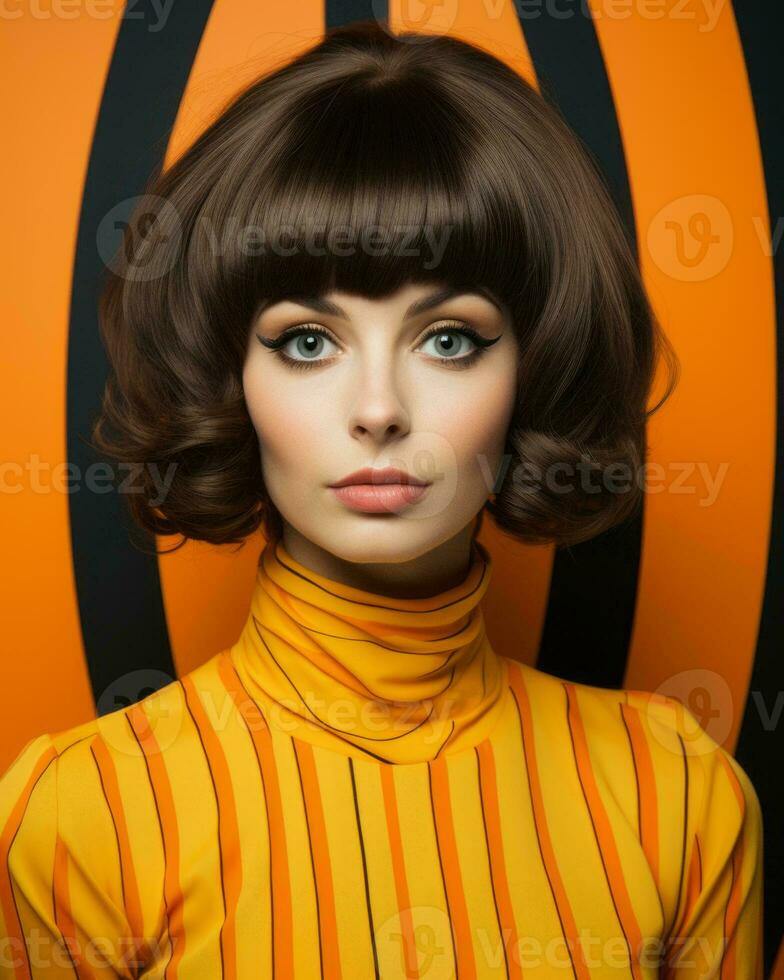 a woman with a short brown hair and an orange top generative ai photo