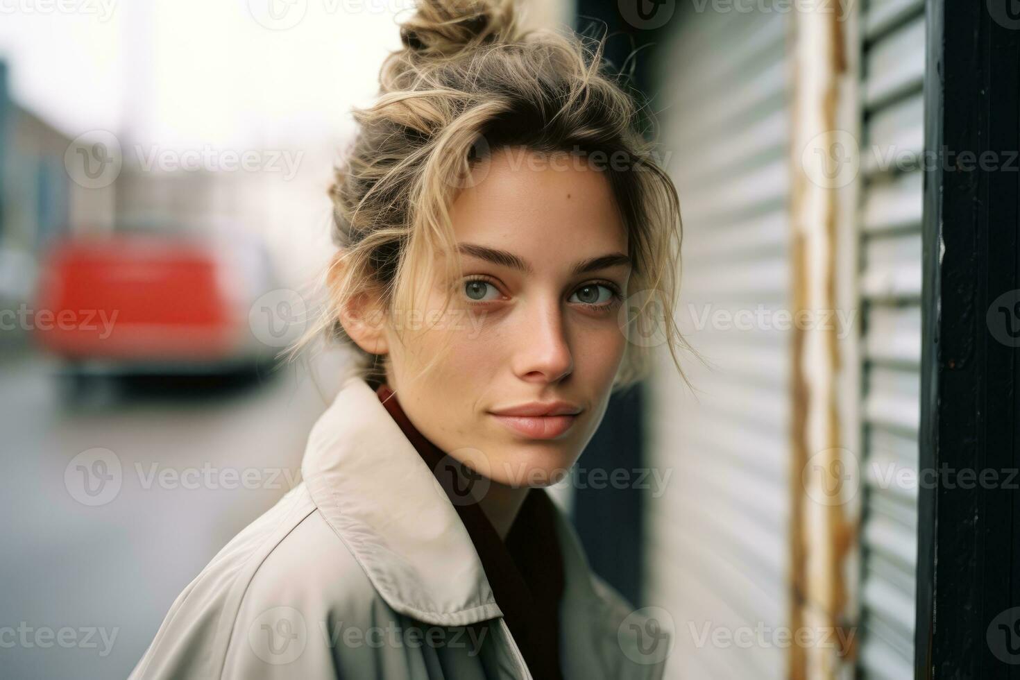 a woman with a messy bun in her hair is standing in front of a building generative ai photo