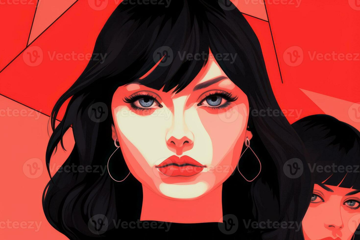 a woman with black hair and blue eyes is standing in front of a red background generative ai photo