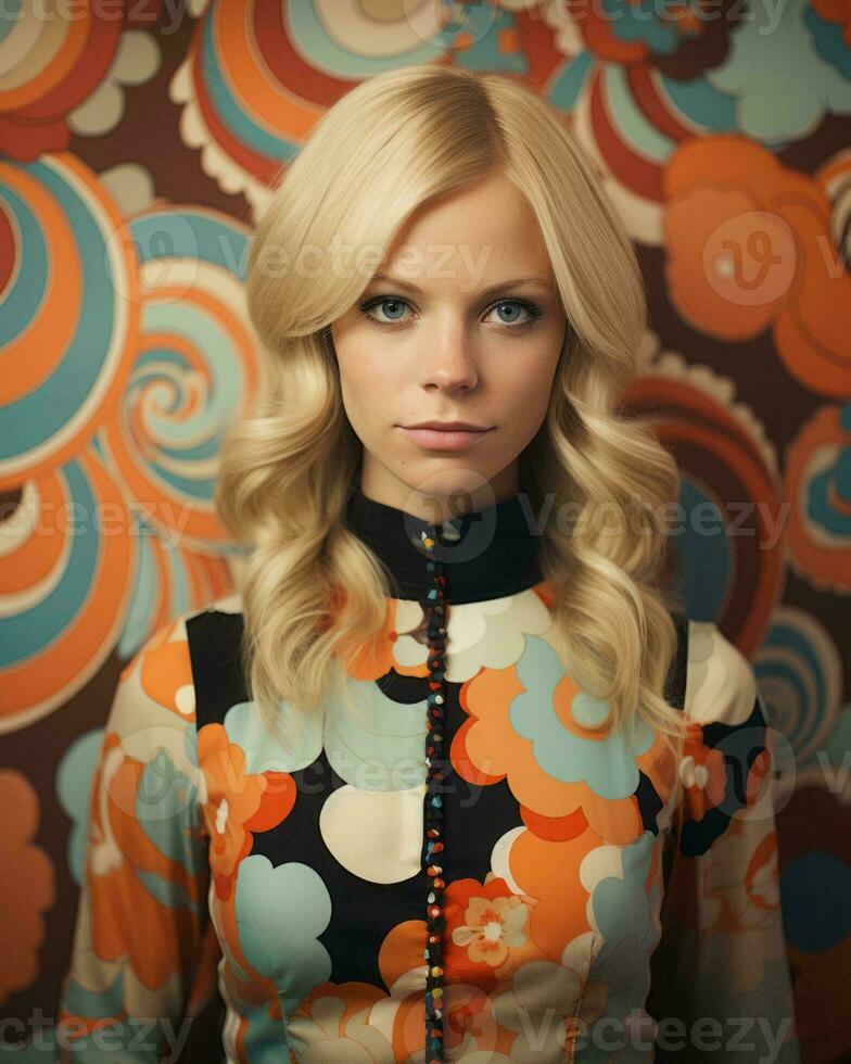 a woman with blonde hair and an orange and blue patterned shirt generative ai photo