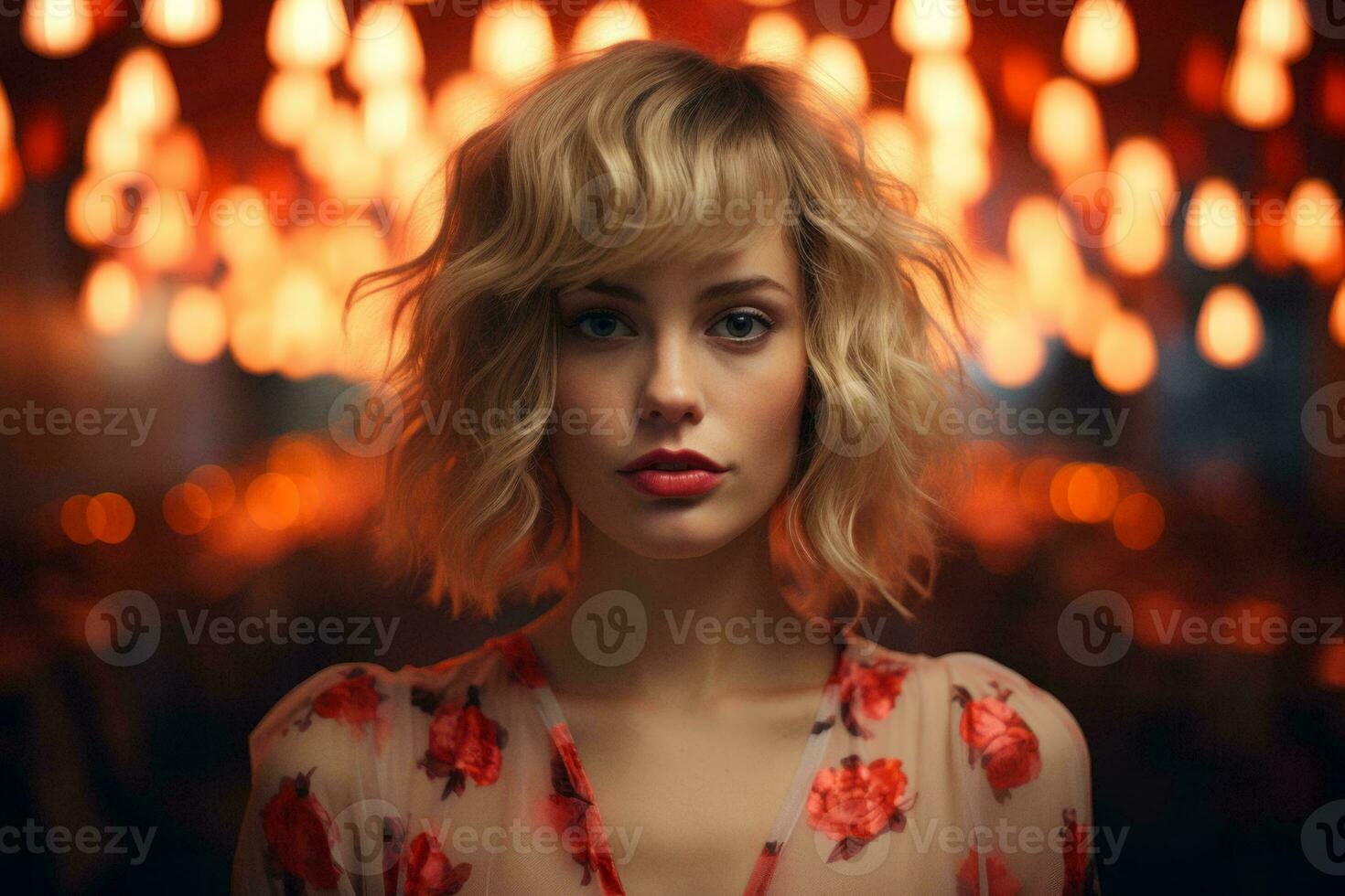 a woman with blonde hair in front of red lights generative ai photo