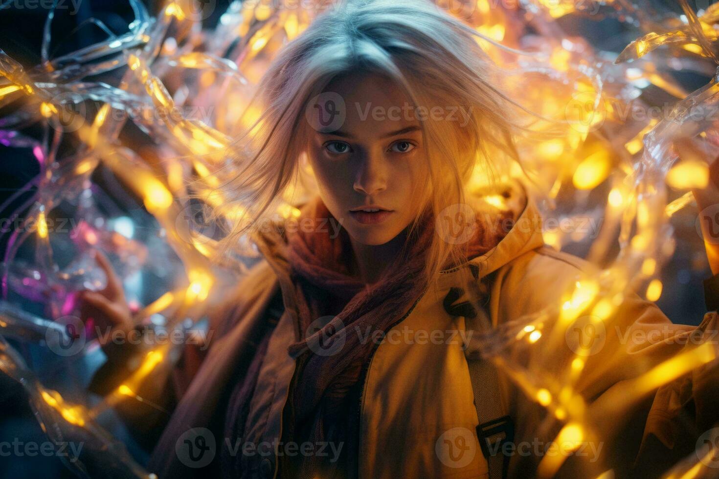 a woman with blonde hair is surrounded by lights generative ai photo