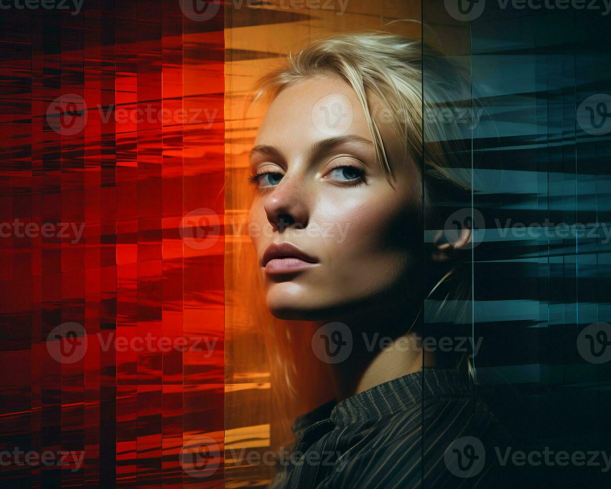 a woman with blonde hair in front of a colorful background generative ai photo