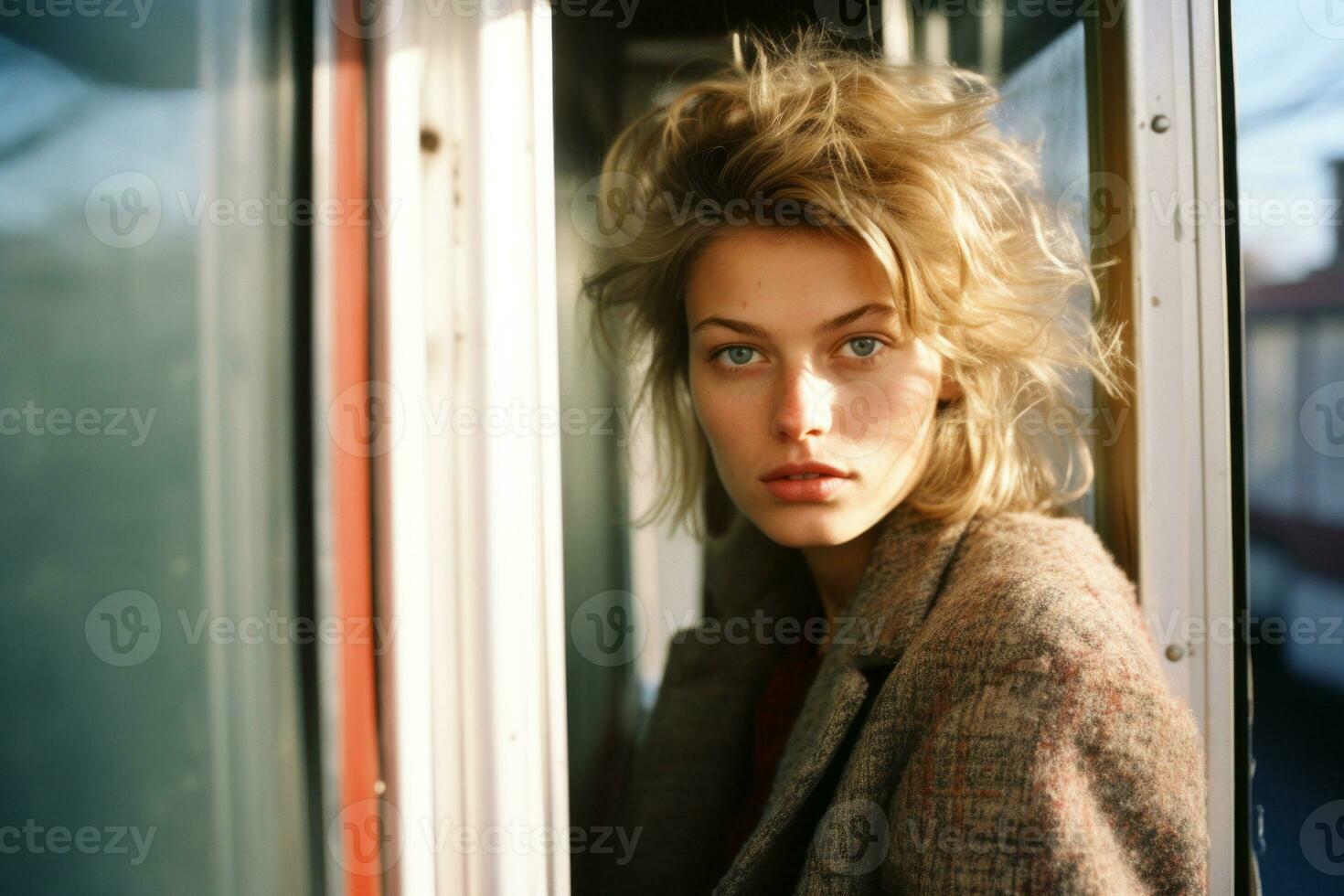 a woman with blonde hair looking out the window generative ai photo