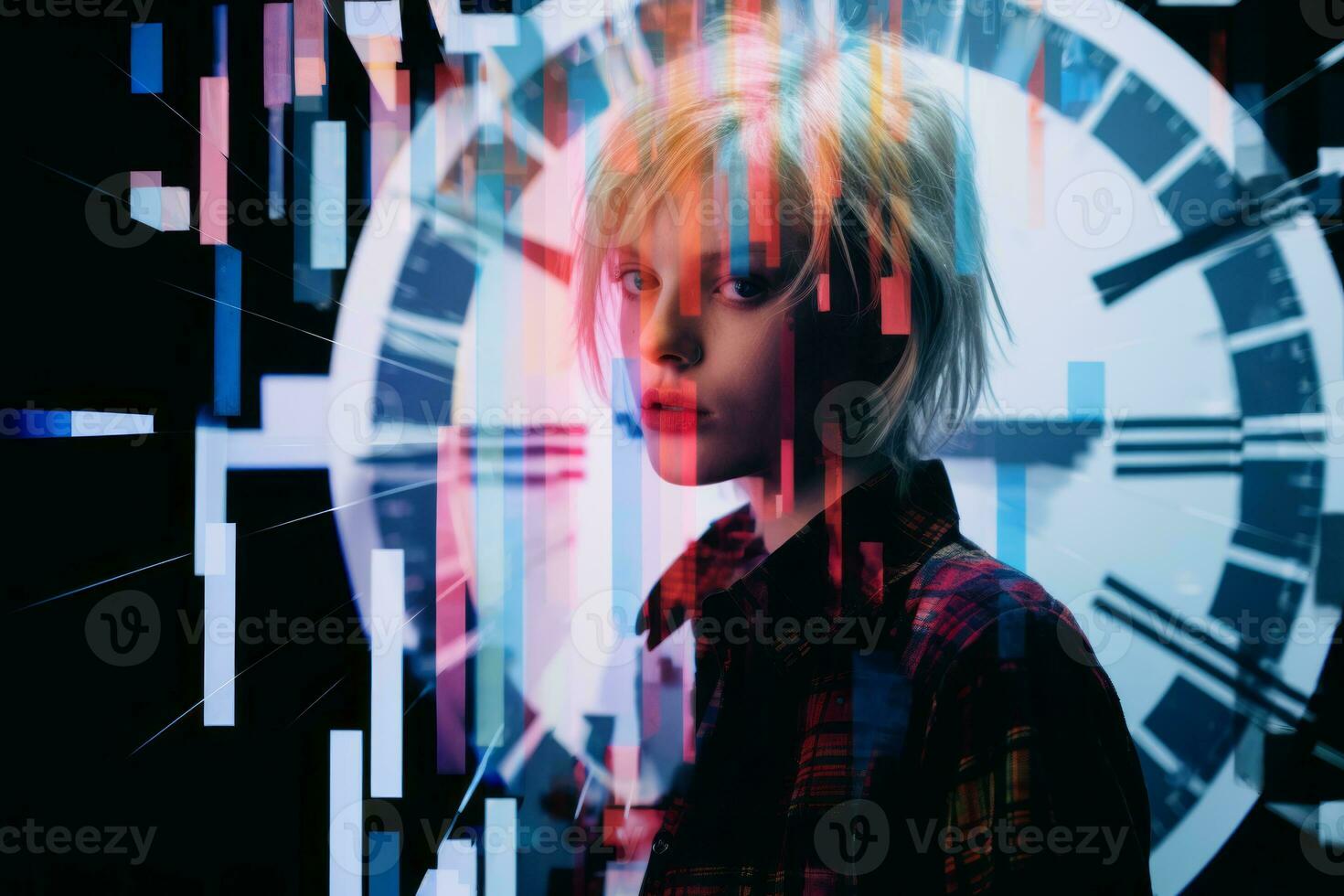 a woman with blonde hair standing in front of a clock generative ai photo