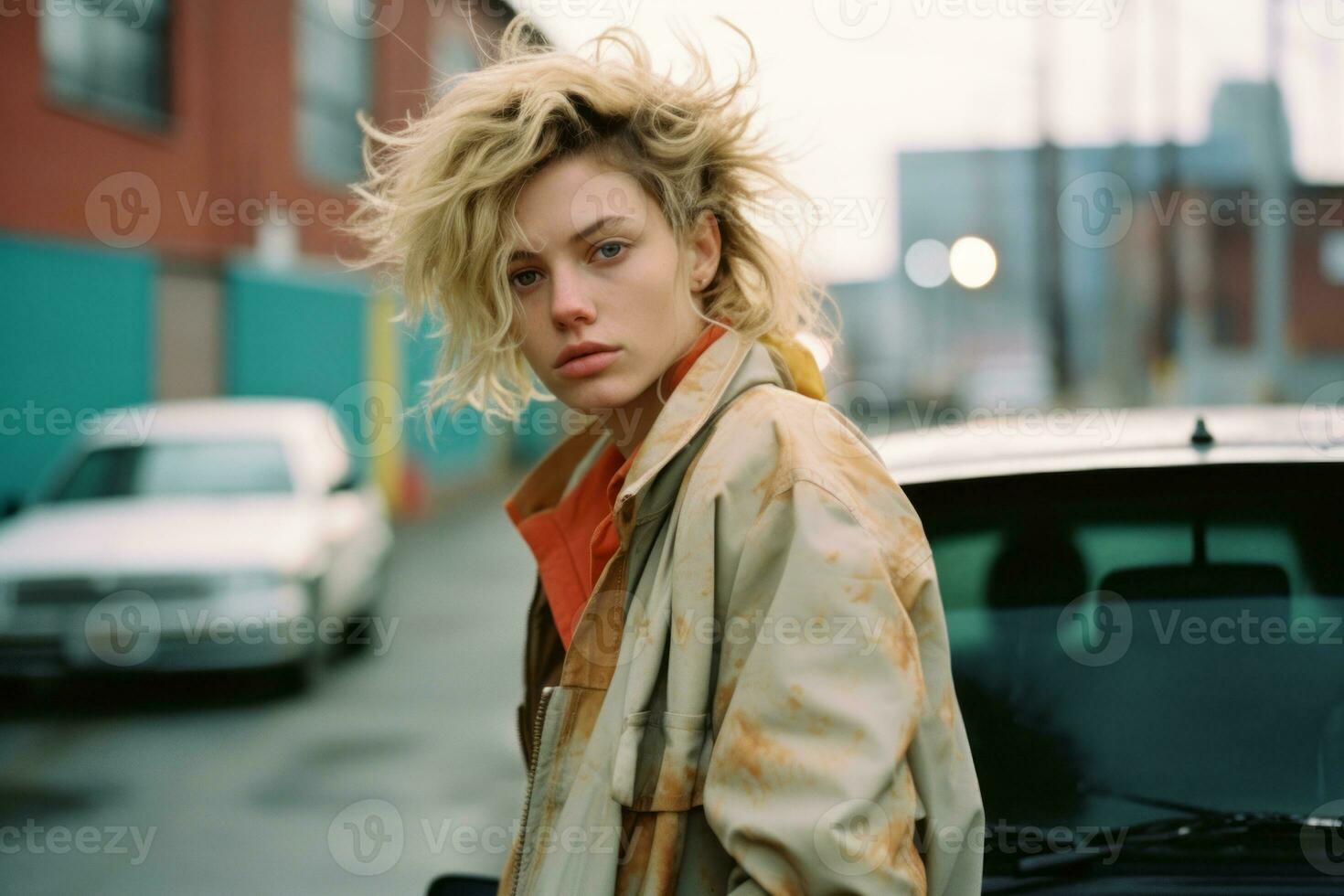 a woman with blonde hair standing in front of a car generative ai photo