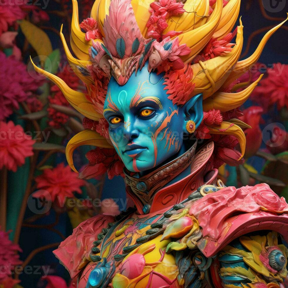 a woman with bright blue and pink makeup on her face generative ai photo