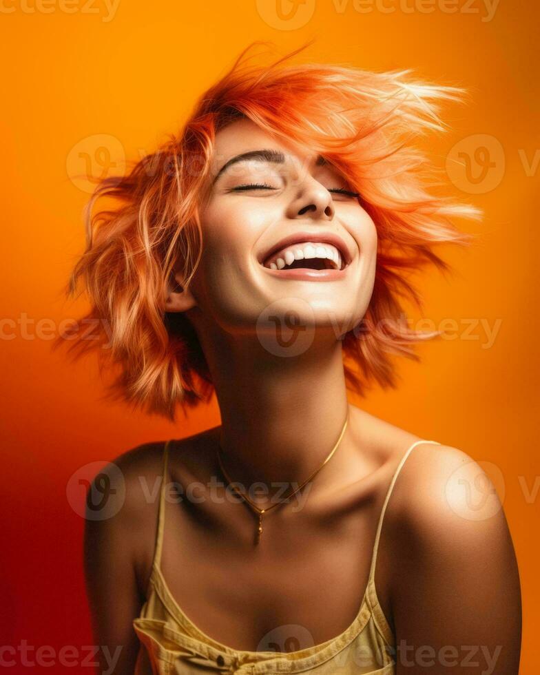a woman with bright red hair laughing and smiling generative ai photo