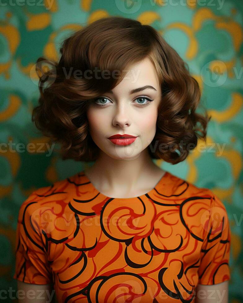 a woman with brown hair and an orange dress generative ai photo